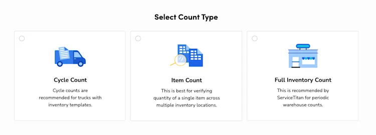 Select Count Type: Cycle Count, Item Count, Full Inventory Count