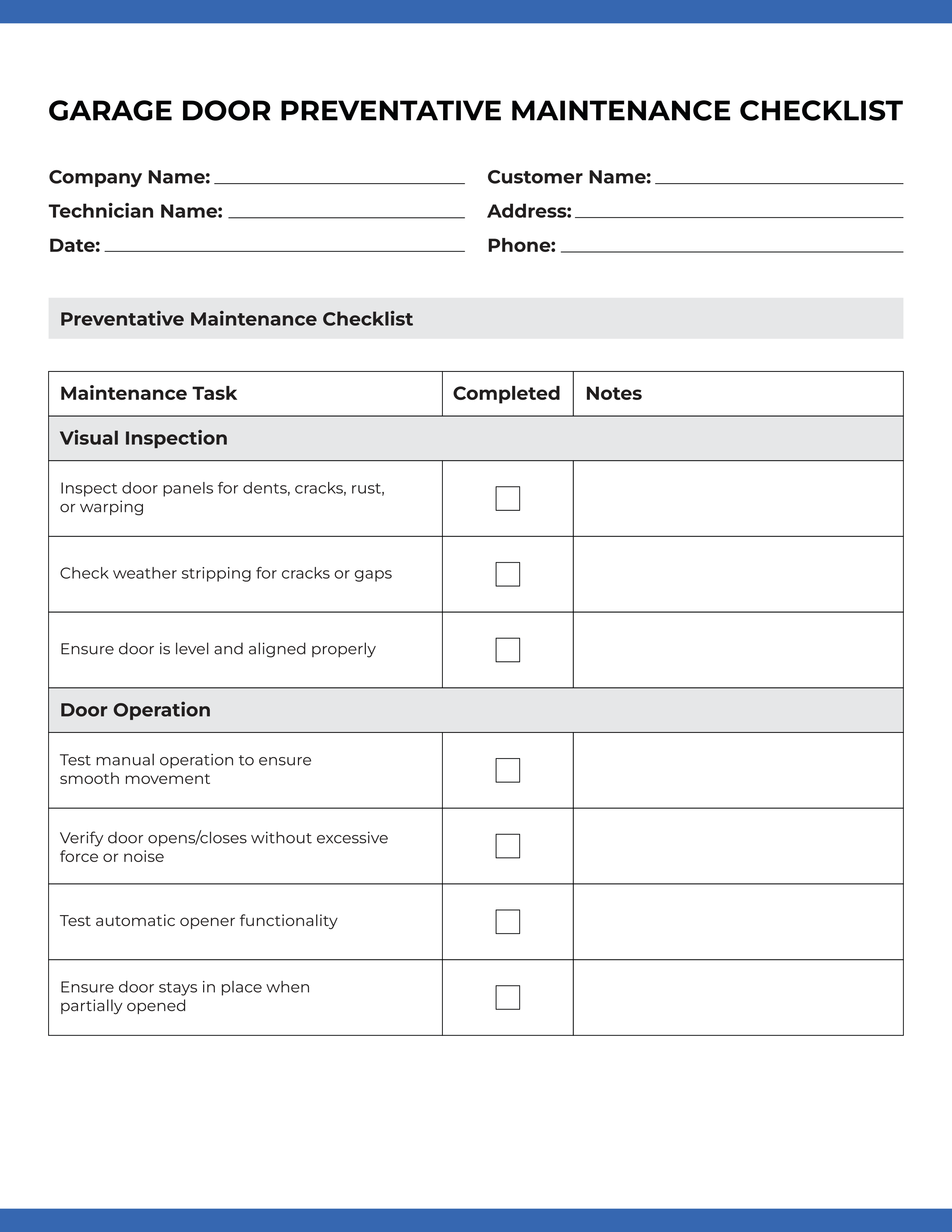 Garage Door Preventative Maintenance Checklist: Page 1 of 4