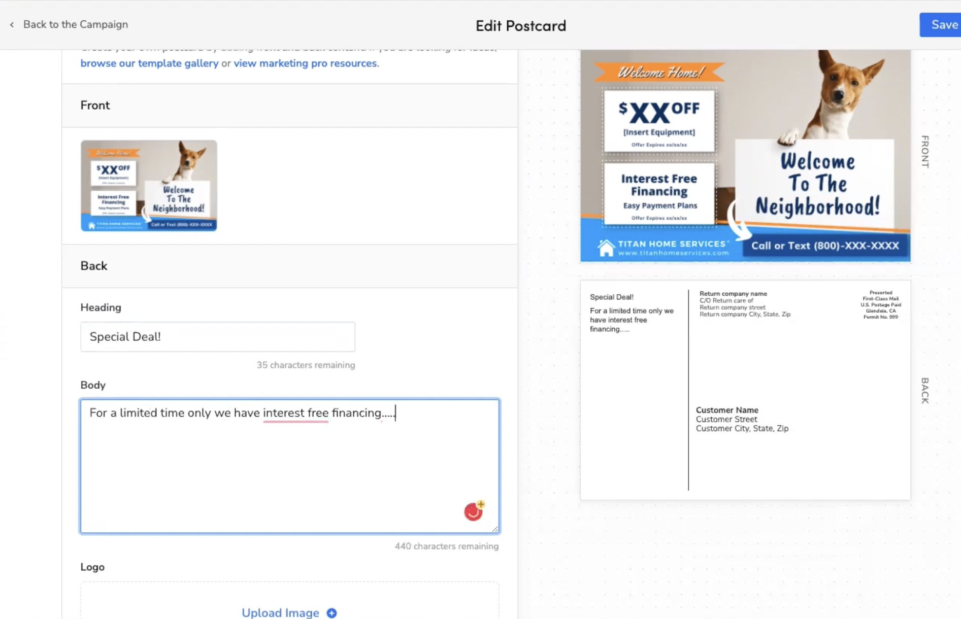 Edit Postcard Template in ServiceTitan's Marketing Pro