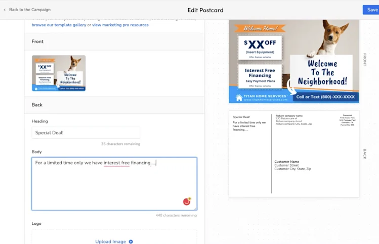Edit Postcard Template in ServiceTitan's Marketing Pro