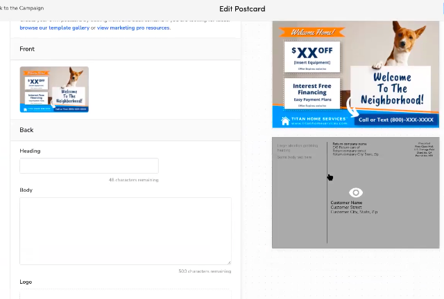 Building HVAC postcards in ServiceTitan Marketing Pro