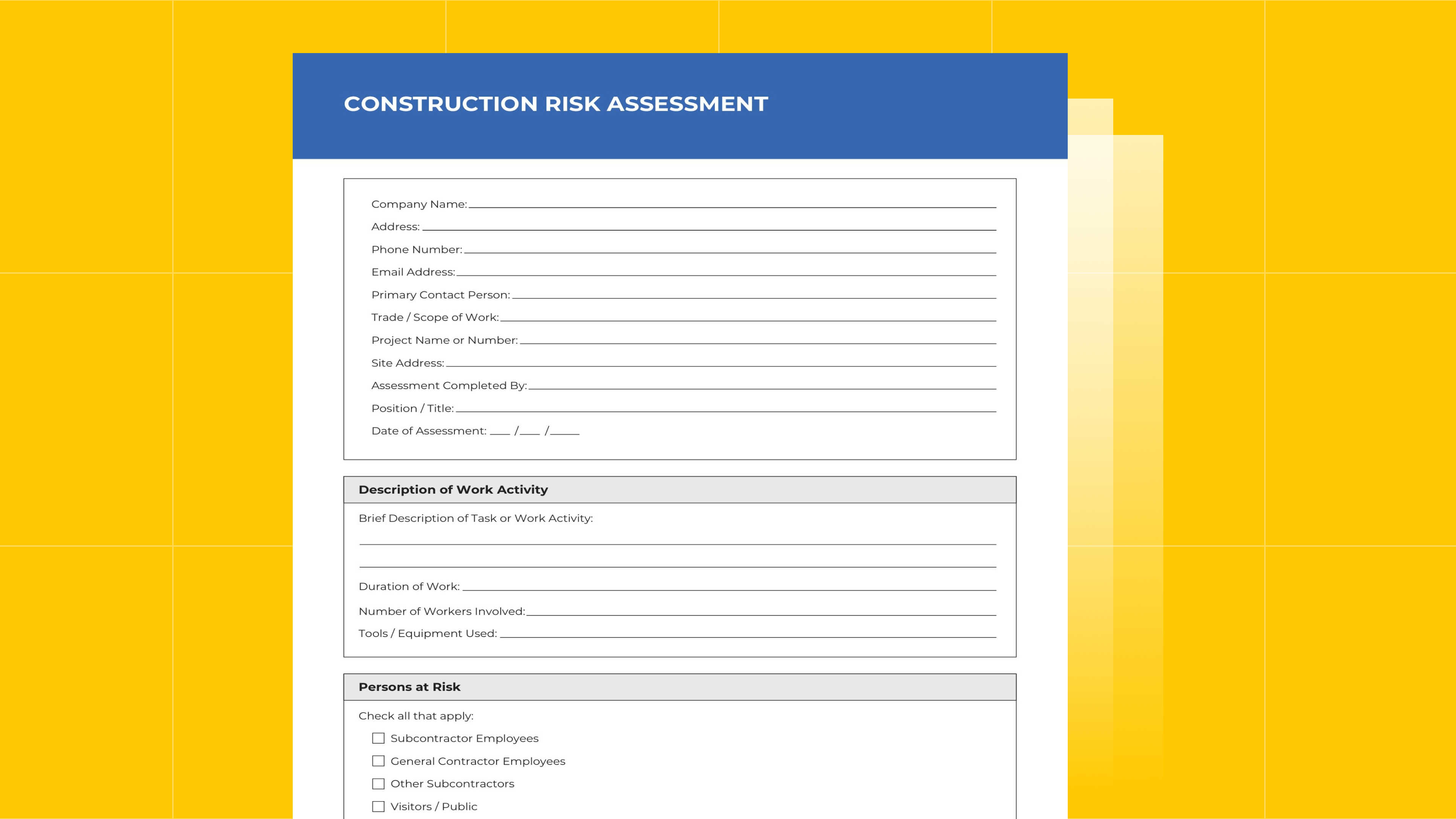 Construction Risk Assessment Template for Subcontractors