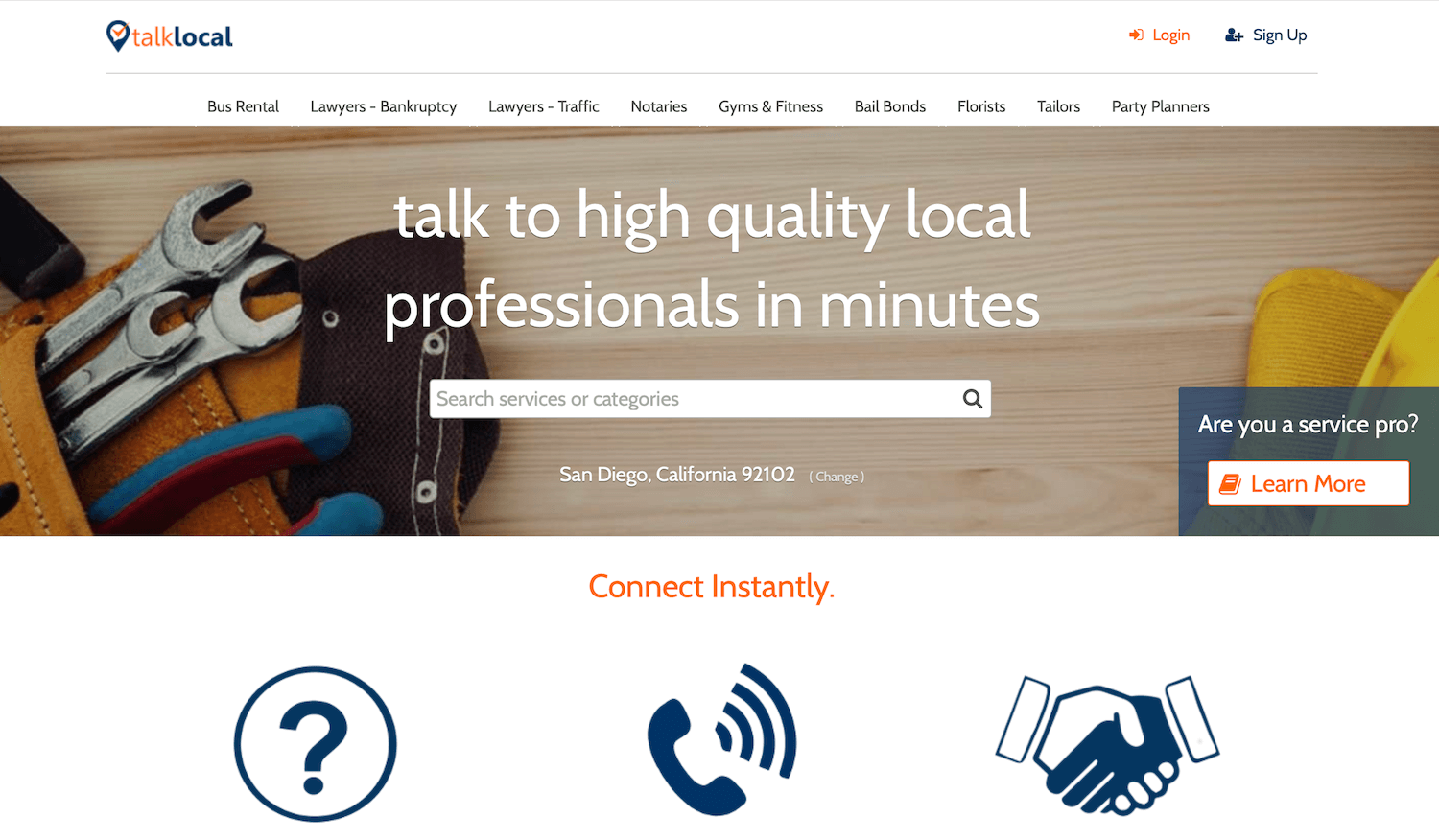 TalkLocal homepage: Talk to high quality local professionals in minutes