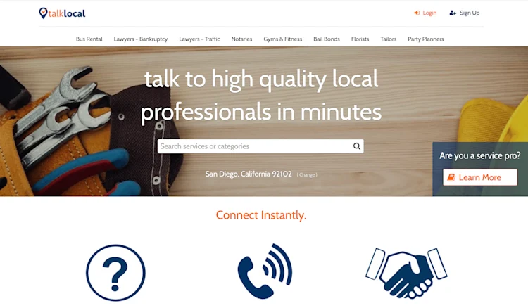 TalkLocal homepage: Talk to high quality local professionals in minutes