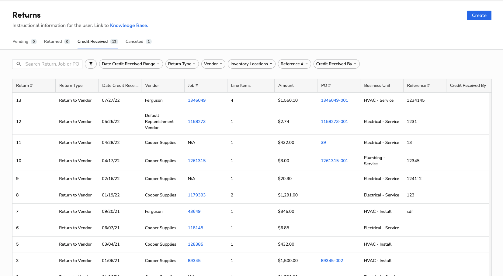 Returns: Credit Received (Return Type, Date, Job #, Amount)