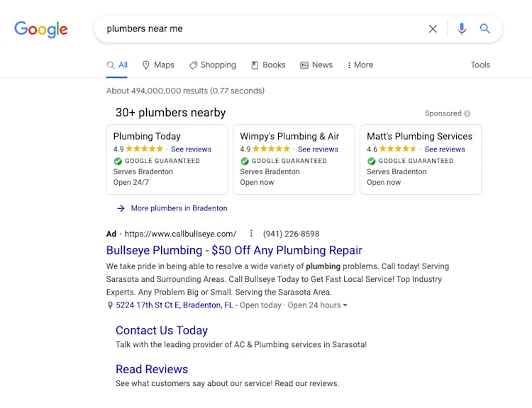 Google search for "plumbers near me"