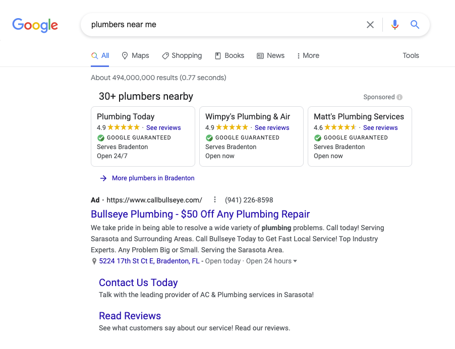 Google search for "plumbers near me"