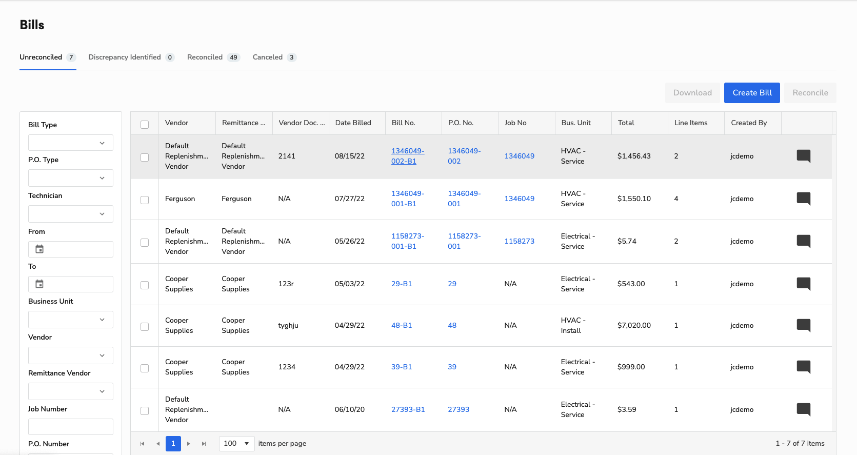 Unreconciled Bills: All details and information in one place