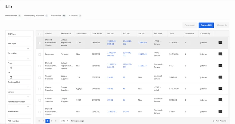 Unreconciled Bills: All details and information in one place