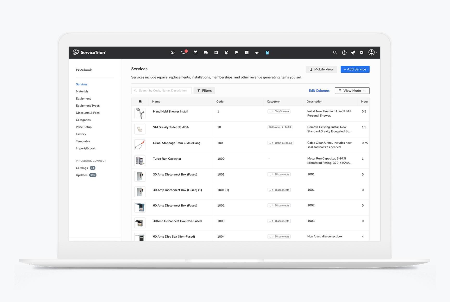 A preview of an HVAC pricebook in ServiceTitan