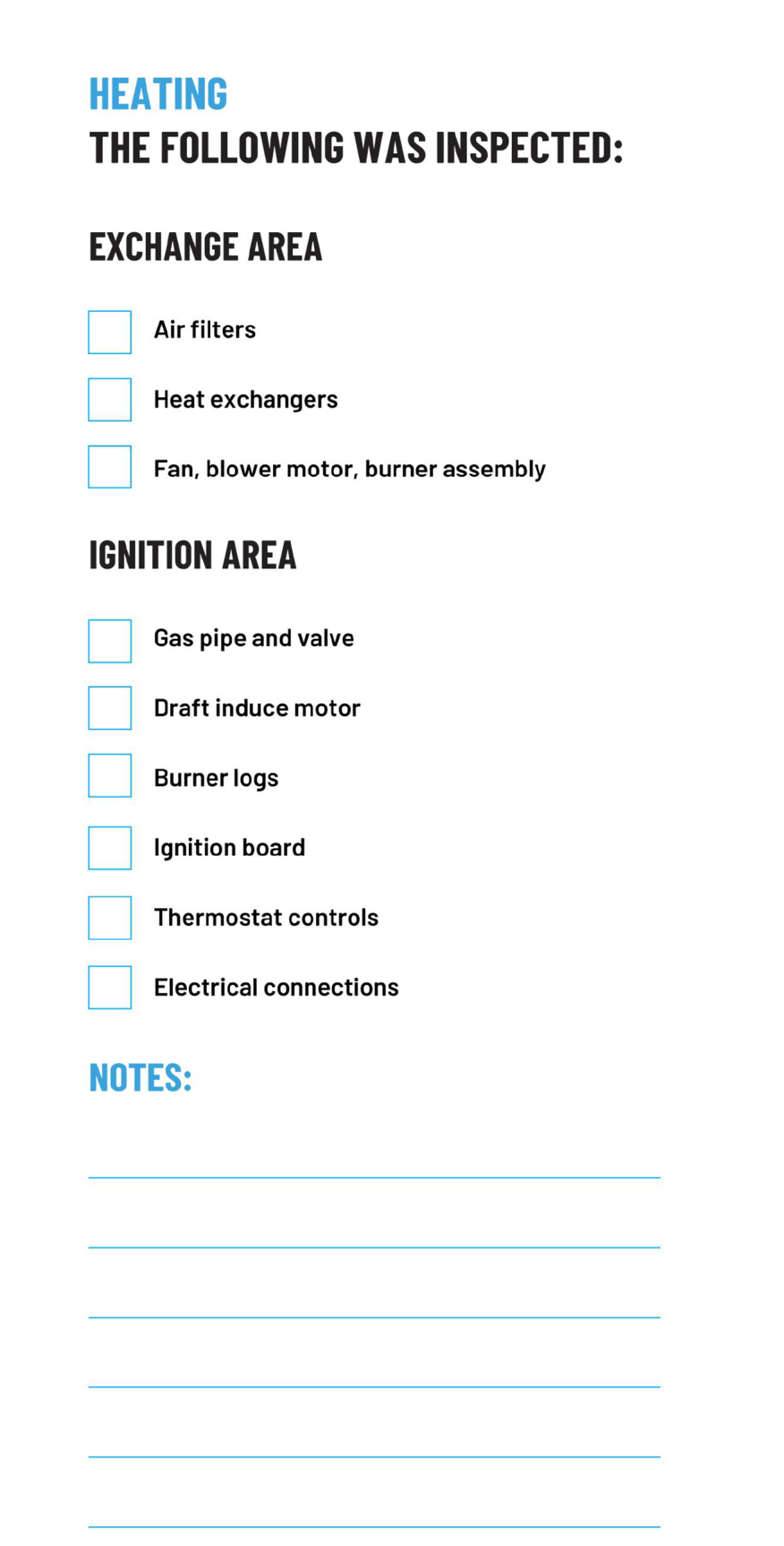HVAC Inspection Checklist: Heating Exchange Area and Ignition Area