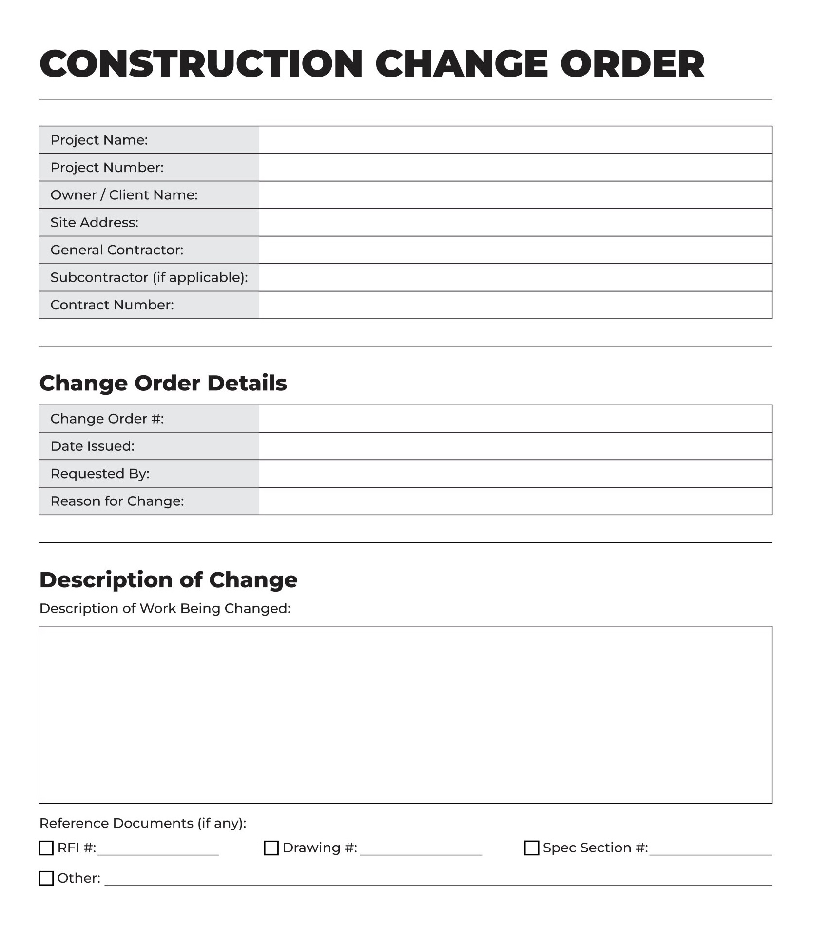 Construction Change Order Template: Page 1 of 2