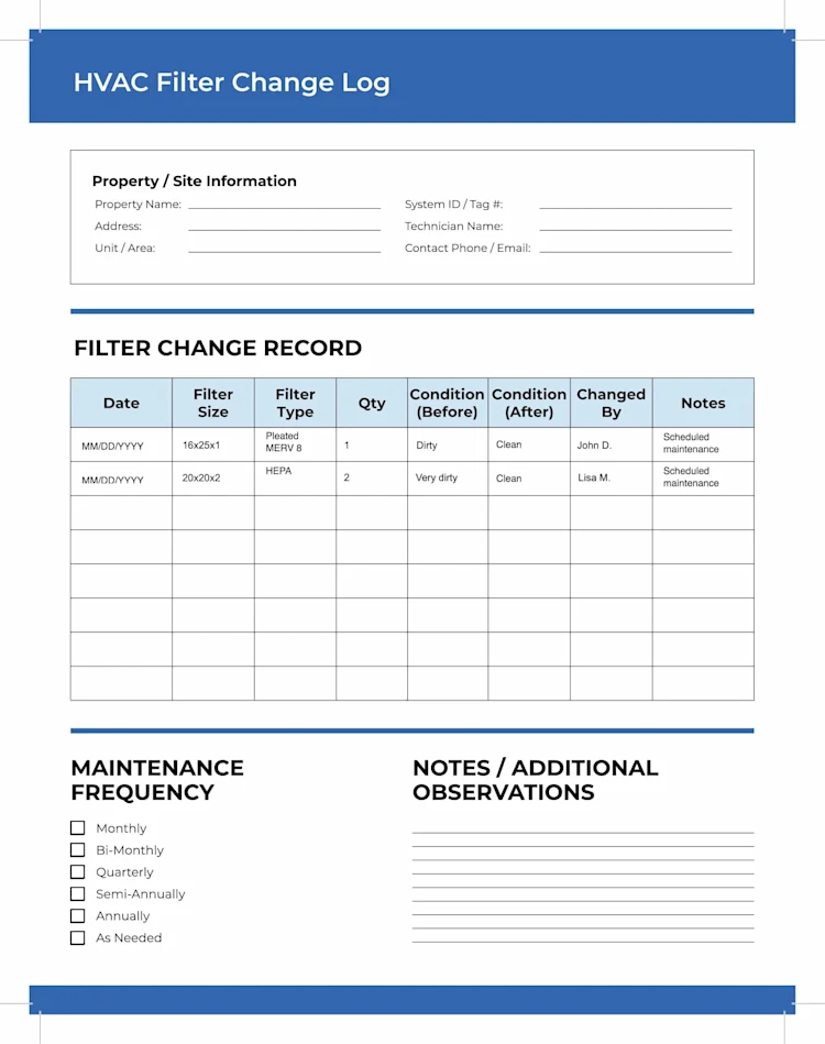 HVAC Filter Change Log Template: Page 1 of 1
