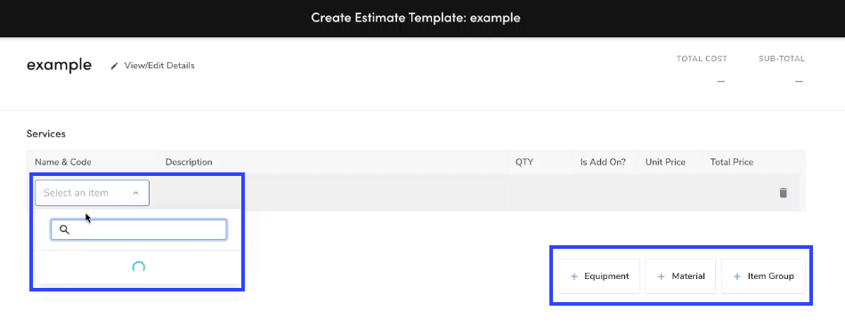 An example of how to create an estimate template within ServiceTitan