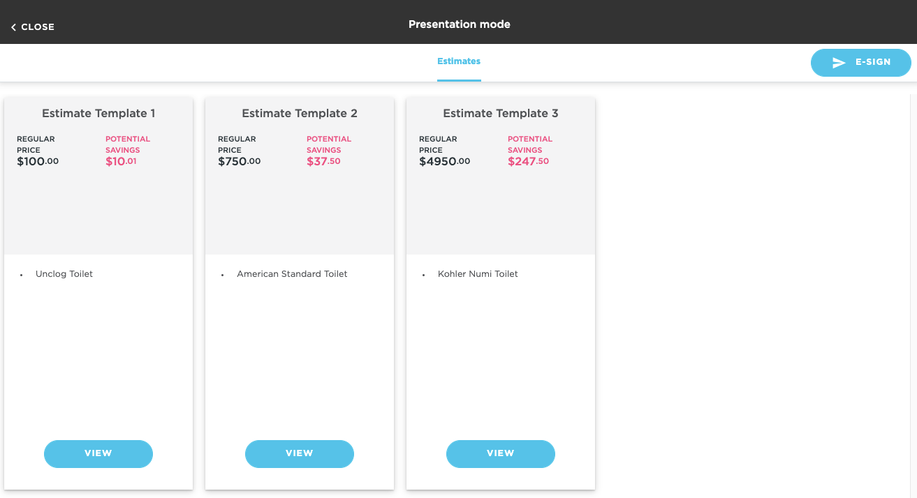 Presentation mode: Estimate Template 1, Estimate Template 2, Estimate Template 3