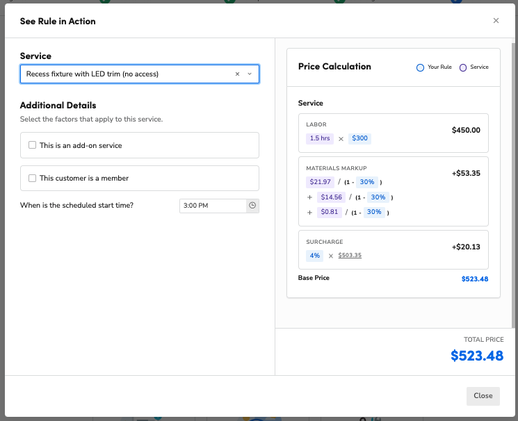 See Rule in Action: Service, Details, Price Calculation