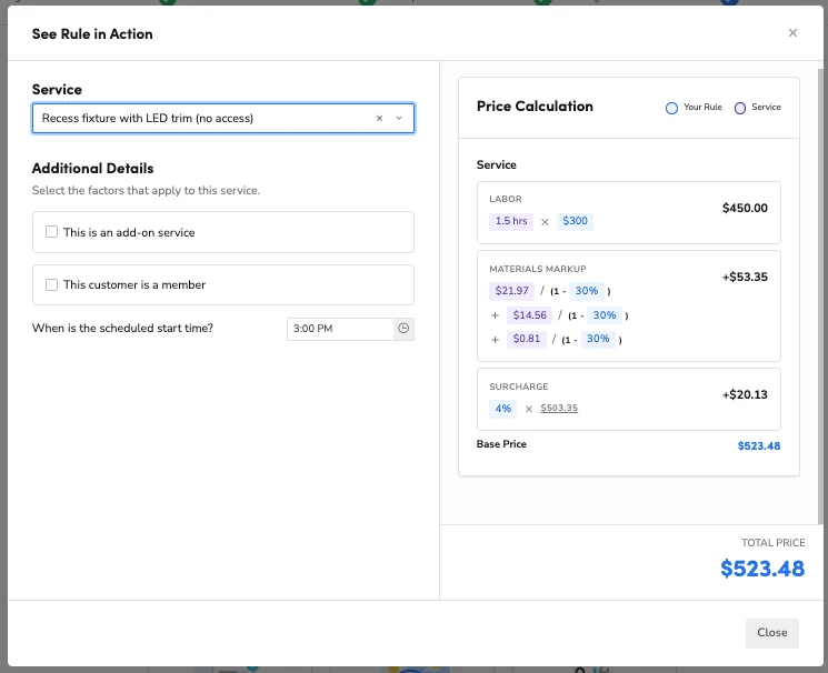 See Rule in Action: Service, Details, Price Calculation