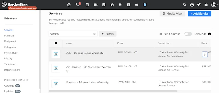 Pricebook Services: Manage warranties with ServiceTitan