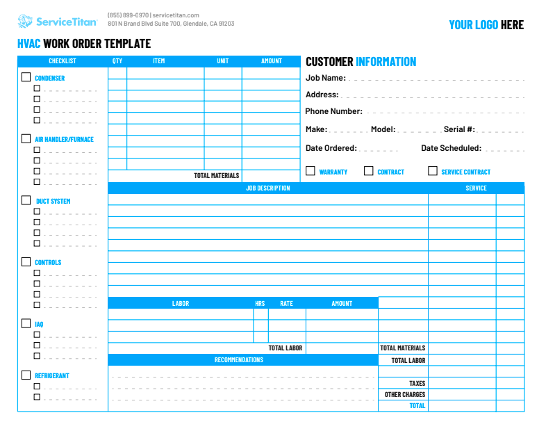 ServiceTitan's Free Work Order Template Customer Information