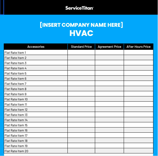 HVAC flat-rate pricing template by ServiceTitan: Flat-Rate Itemized List