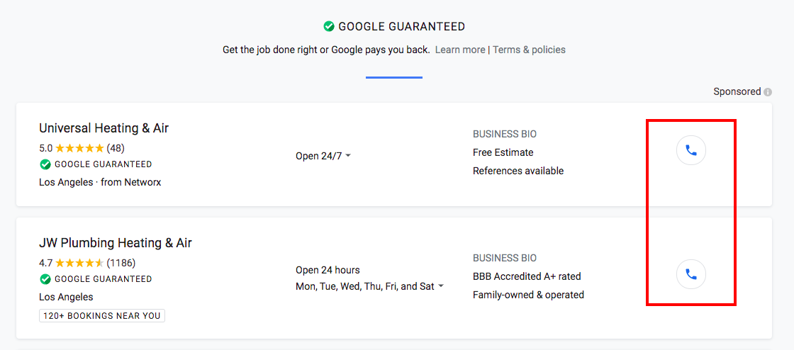 Google Guaranteed: Phone Booking Option