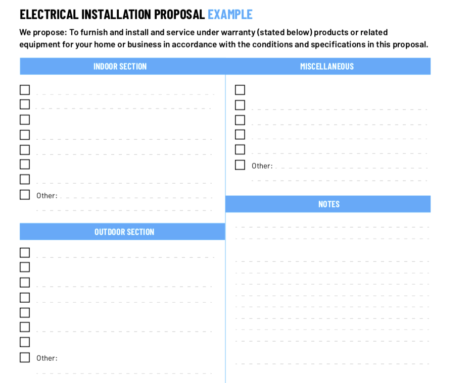 ServiceTitan's Electrical Installation Proposal template: Indoor, Outdoor, Misc.