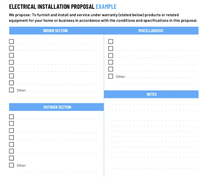 ServiceTitan's Electrical Installation Proposal template: Indoor, Outdoor, Misc.