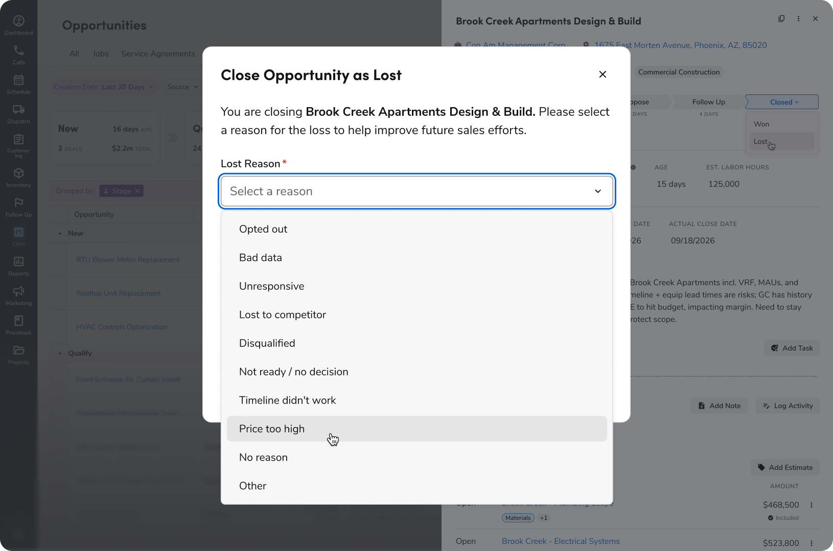 CRM Dashboard: Close Opportunity as Lost