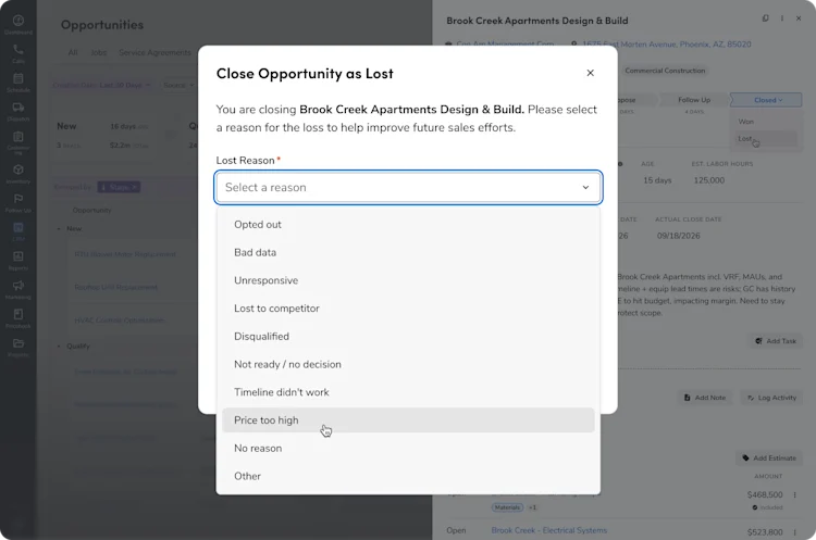 CRM Dashboard: Close Opportunity as Lost