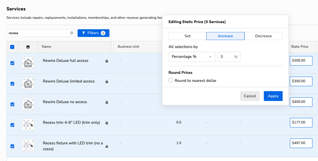 Editing Static Price for 5 Services in ServiceTitan