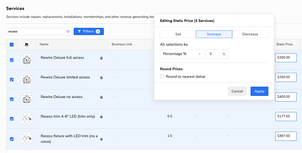 Editing Static Price for 5 Services in ServiceTitan