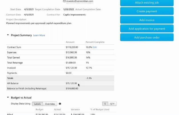 Project Summary and Budget vs Actual