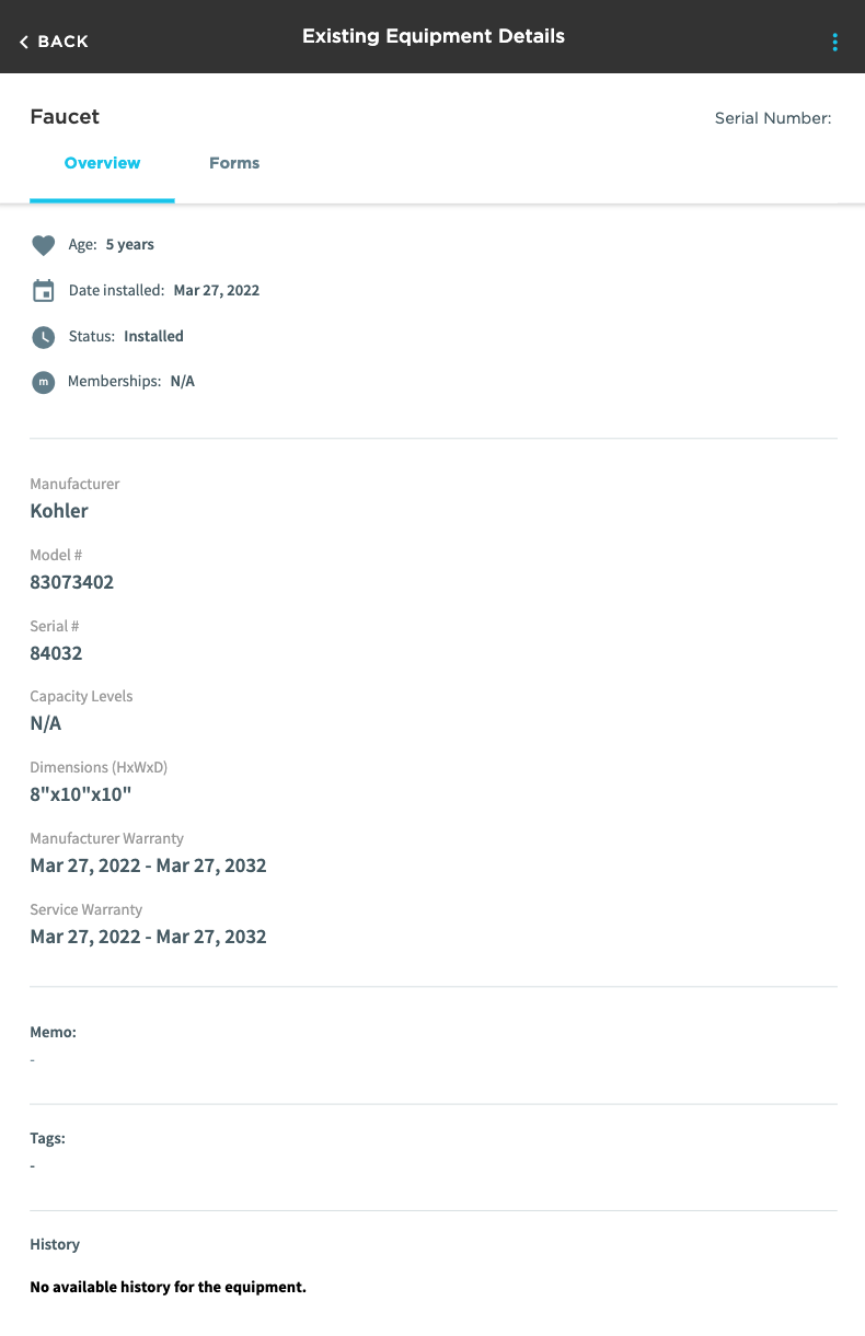Existing Equipment Details: Faucet Overview