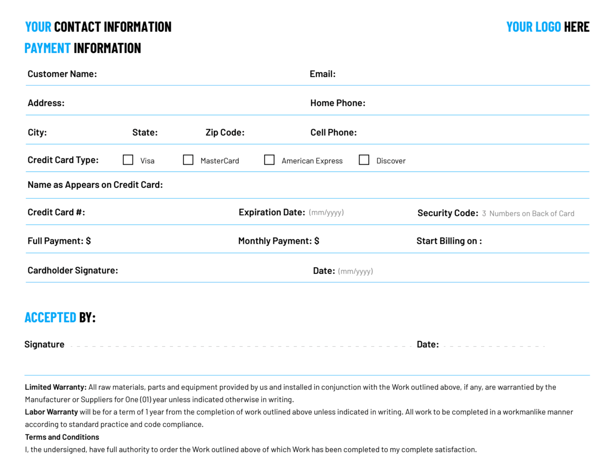 Free Work Order Template: Payment Information and Customer Signature