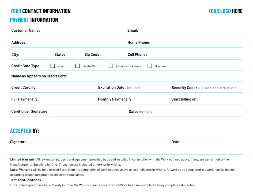 Free Work Order Template: Payment Information and Customer Signature