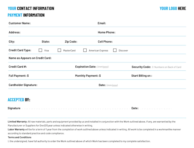 Free Work Order Template: Payment Information and Customer Signature