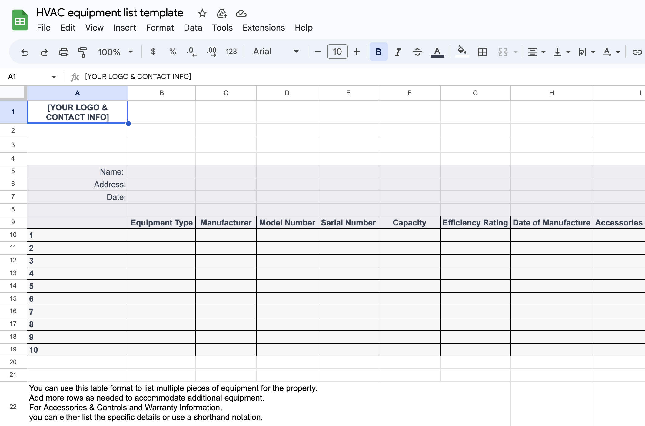 Free HVAC Equipment List Template by ServiceTitan