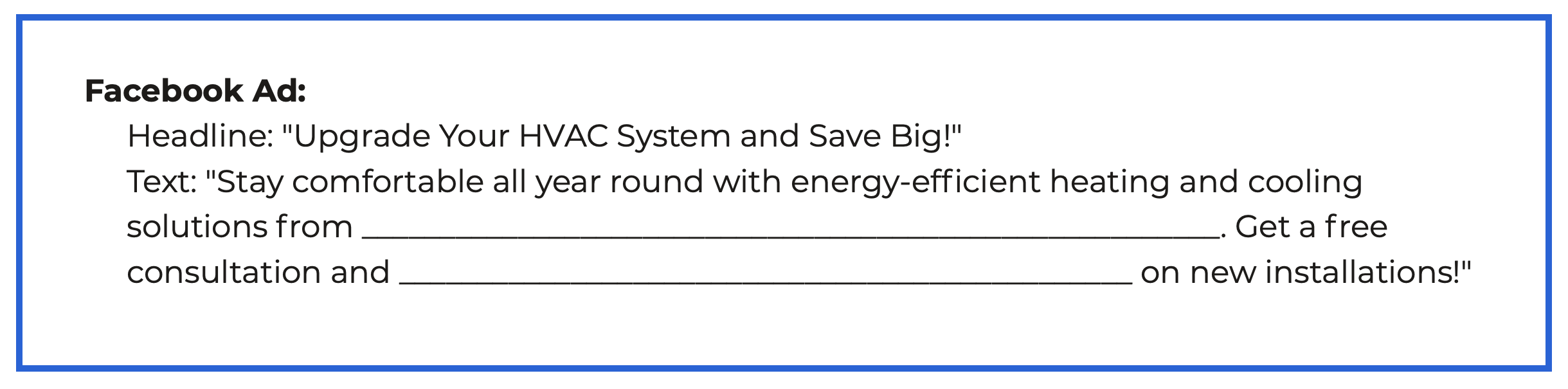 Facebook Ad Template example: Upgrade your HVAC System and Save Big