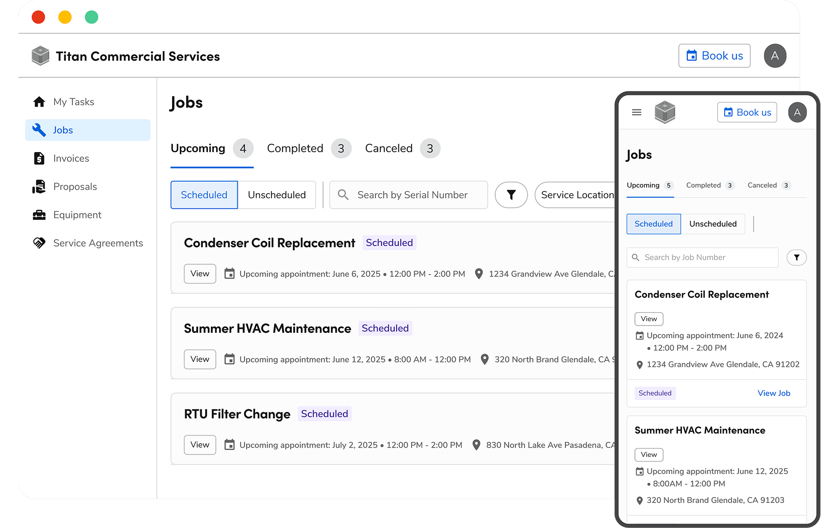 Titan Commercial Services dashboard: Upcoming scheduled jobs