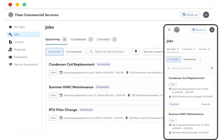 Titan Commercial Services dashboard: Upcoming scheduled jobs