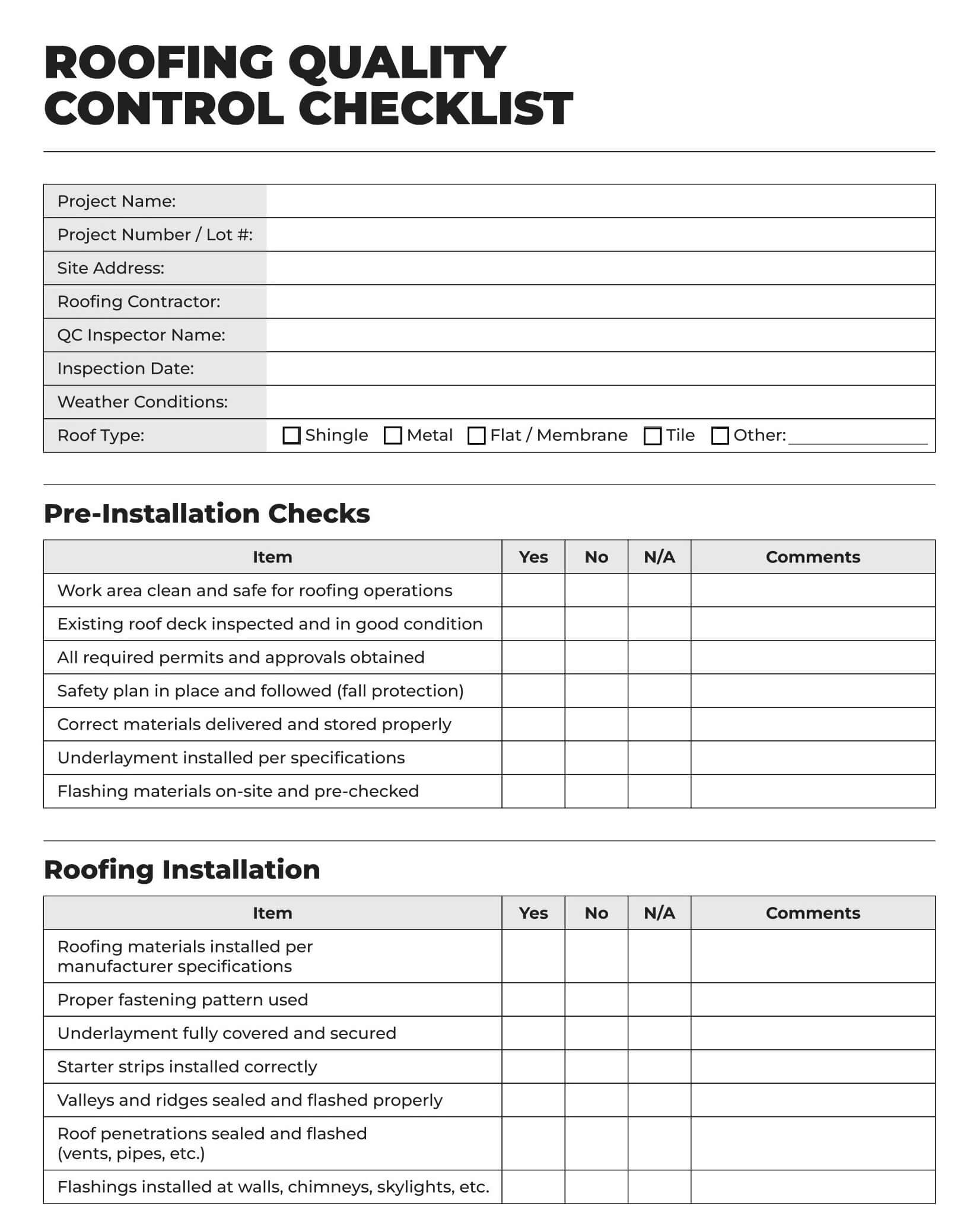 Roofing Quality Control Checklist: Page 1 of 2