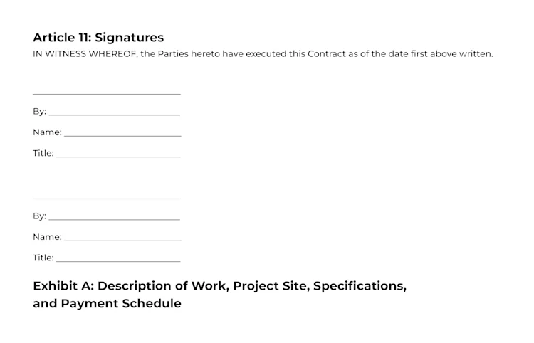 Plumbing Construction Contract Template: Signatures