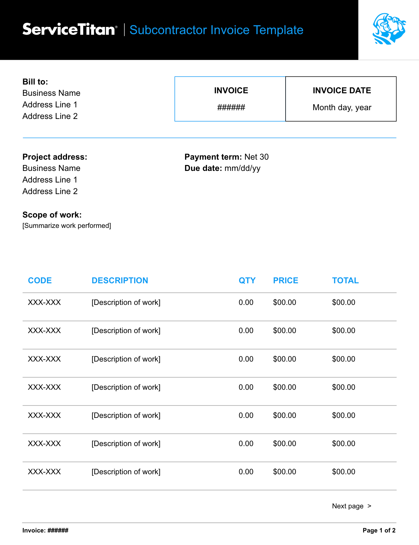 Free Subcontractor Invoice Template from ServiceTitan