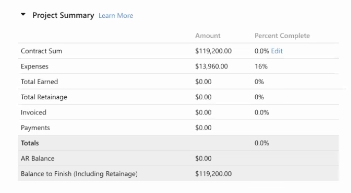 Project Summary Totals in ServiceTitan: Contract Sum, Expenses, Total Earned, etc.
