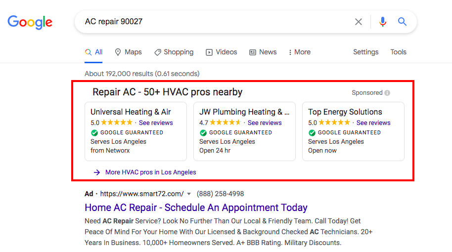Google search for "AC repair 90027"