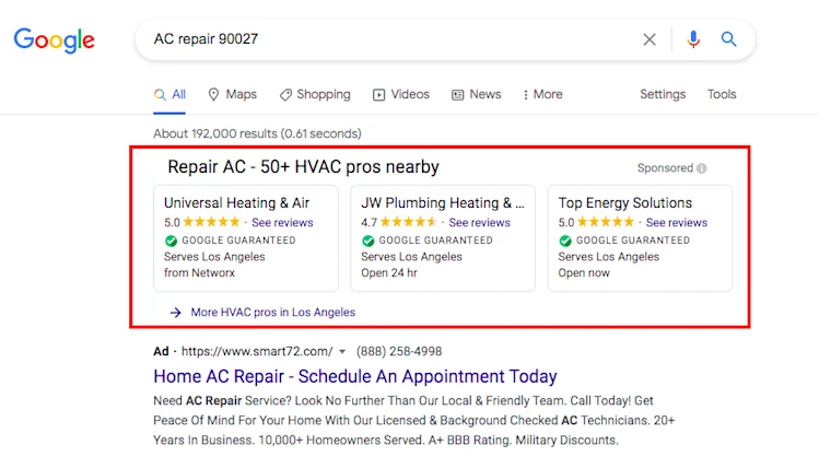 Google search for "AC repair 90027"