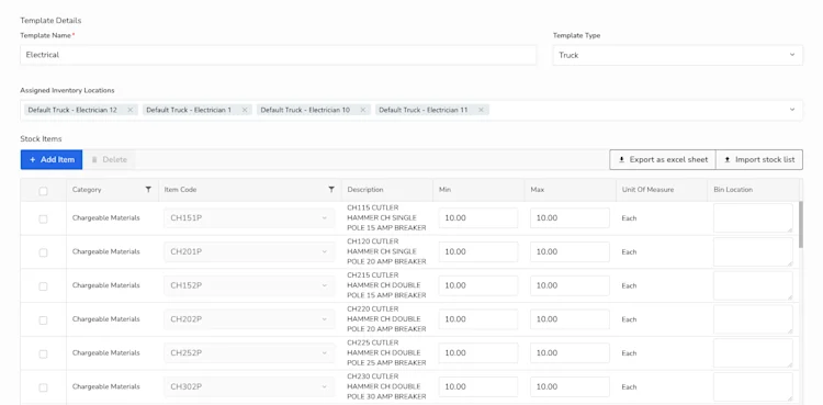 Template Details: Category, Item Code, Description, etc.