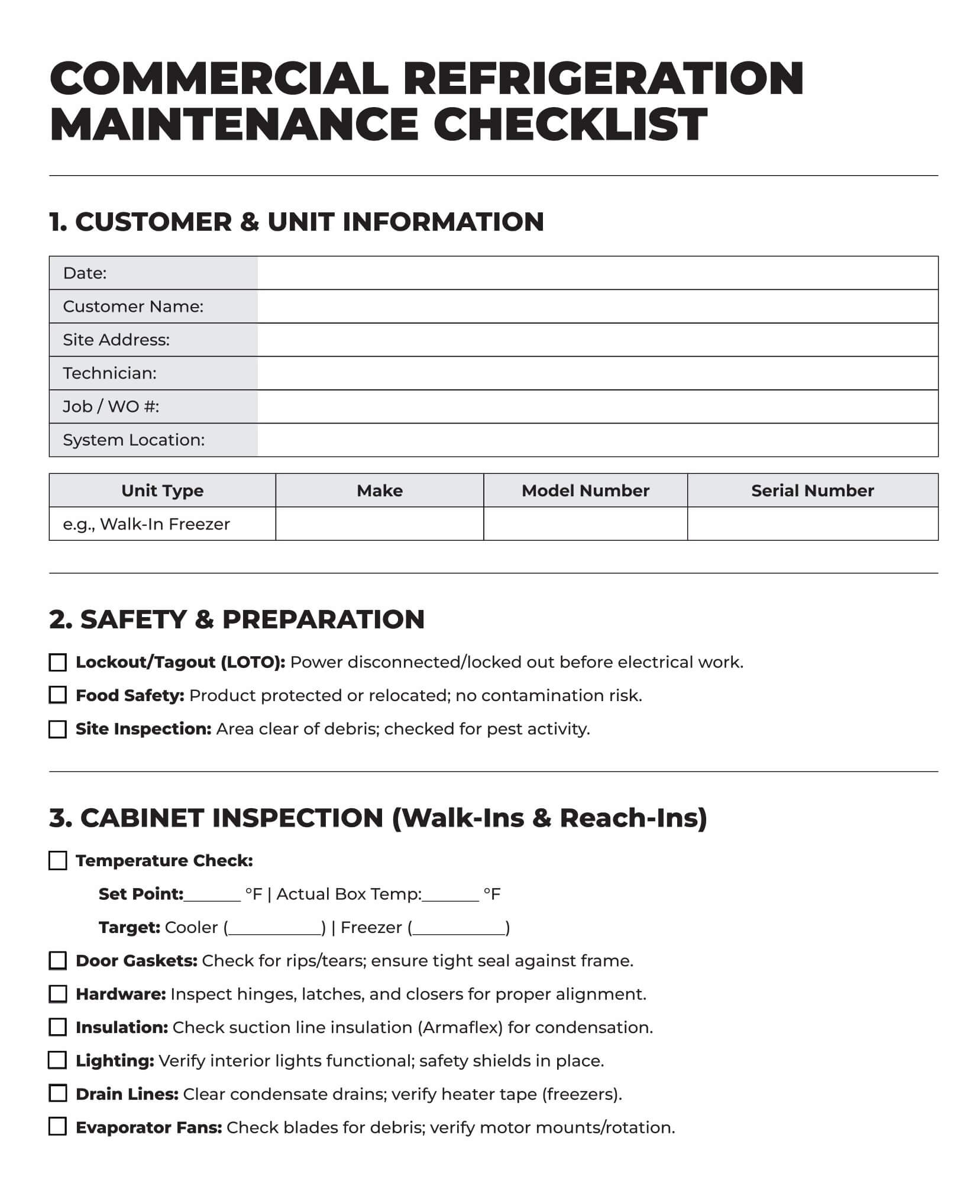 Commercial Refrigeration Maintenance Checklist: Page 1 of 3