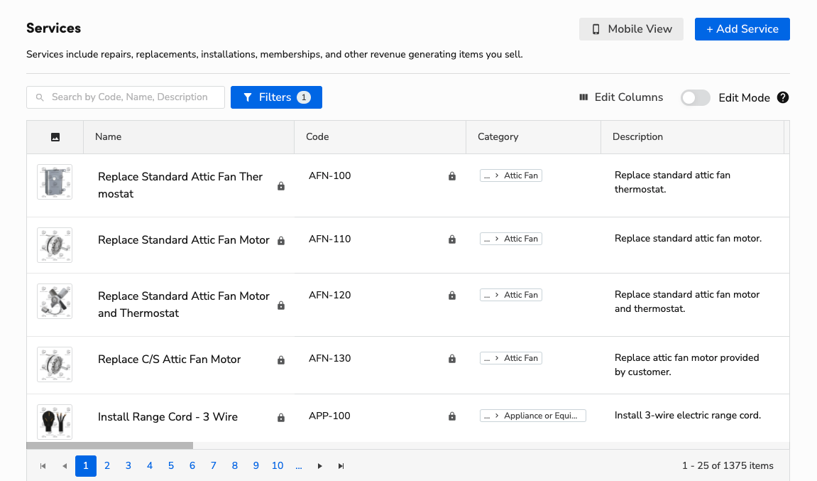 Services Information: Code, part number, model number, name, category, description