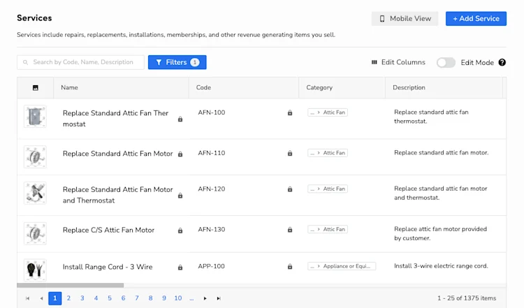 Services Information: Code, part number, model number, name, category, description